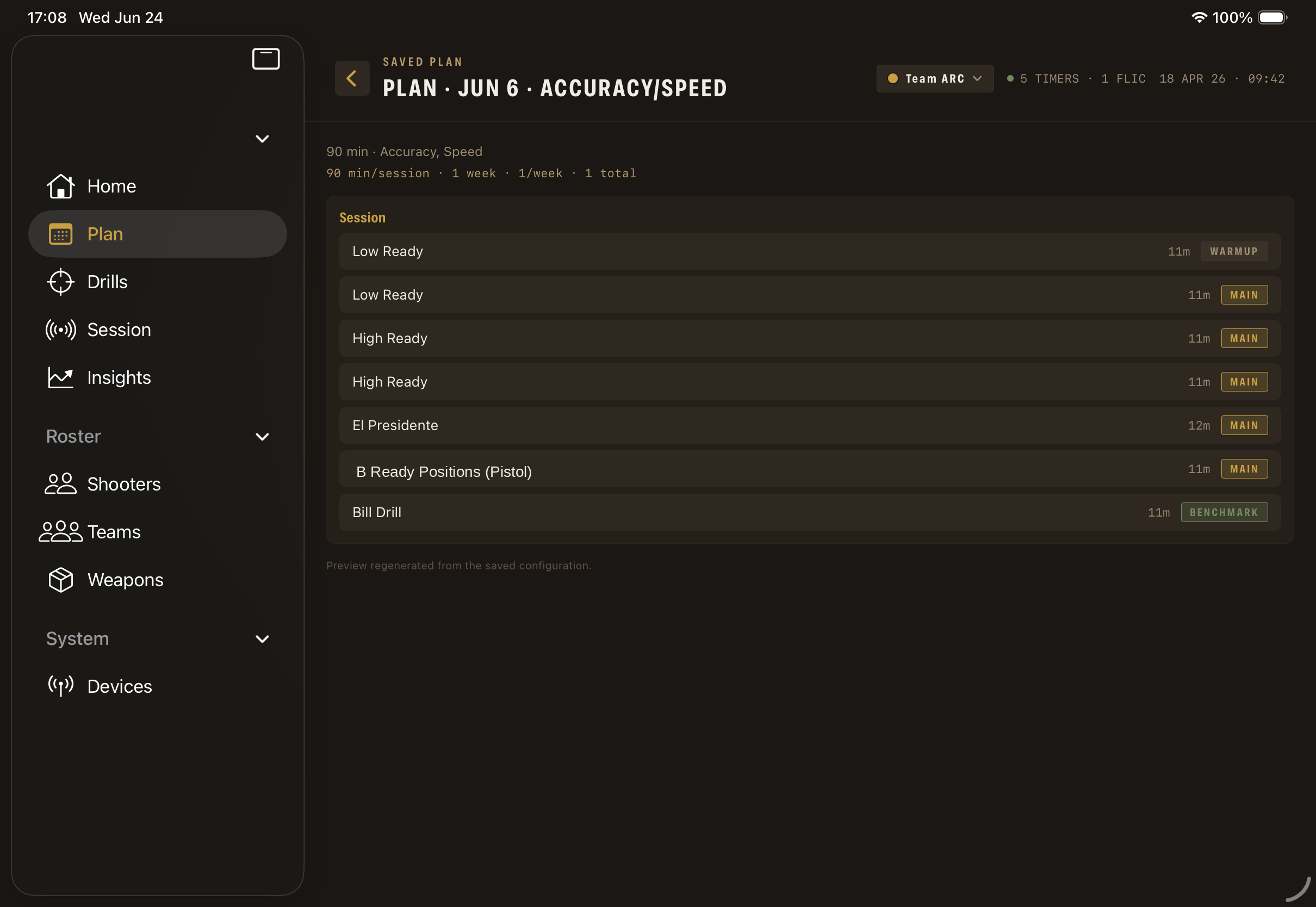 ARC Shooter saved training plan listing the drills in a session
